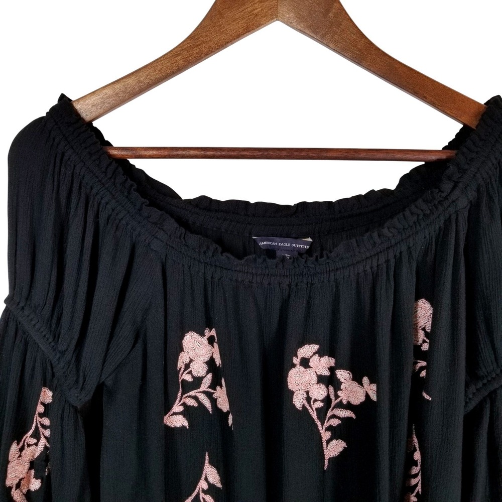 American Eagle Outfitters Off Shoulder Black Floral Embroidered Top  L Festival